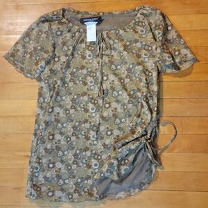 Marina Sport Women's M Top Side Tie T-shirt Olive Green Flower Pattern Polyester